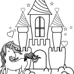 Unicorn and the castle coloring page