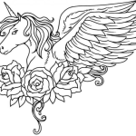 Winged unicorn and flowers coloring page